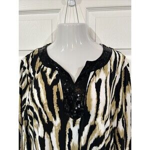 JM Collection XL Tunic Sequin Trim V Neck Stretch Tunic Animal Print Blouse Top